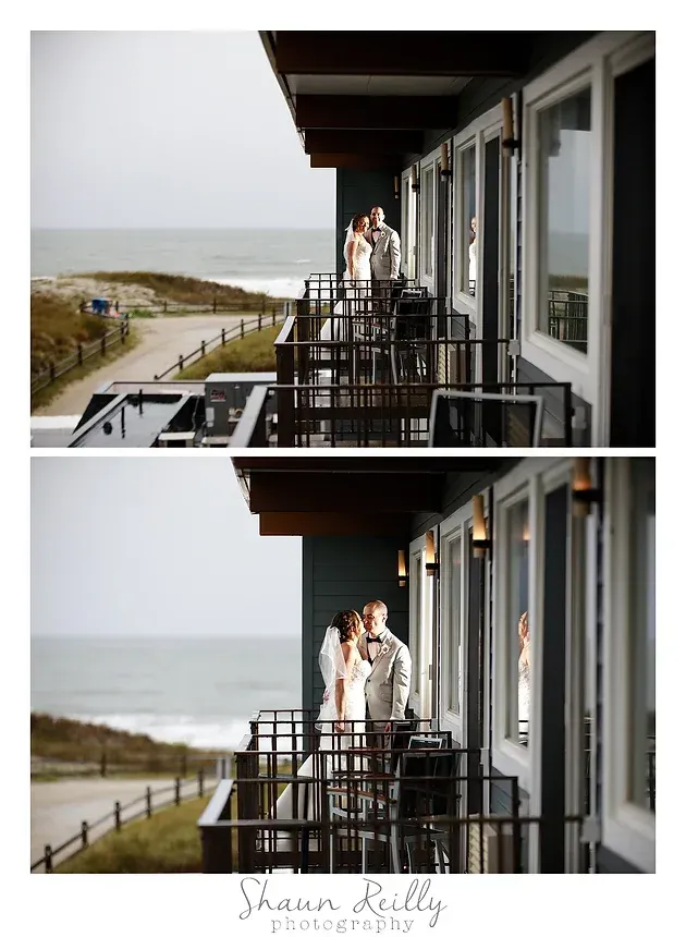 Couple in white stands on a balcony by the sea, shown in two stacked wedding photos.