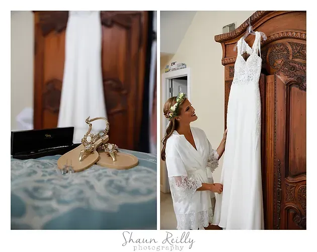 Wedding dress and heels on display, with bride adjusting lace gown on a wooden wardrobe