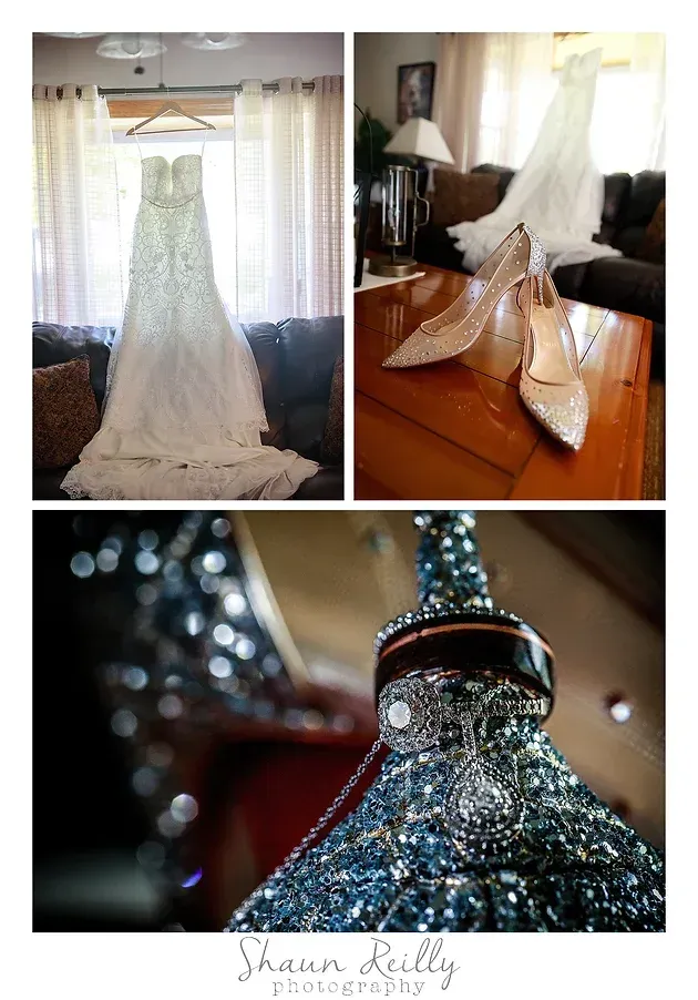 Beaded wedding dress on mannequin, with close-up detail of the sparkling bodice and train.