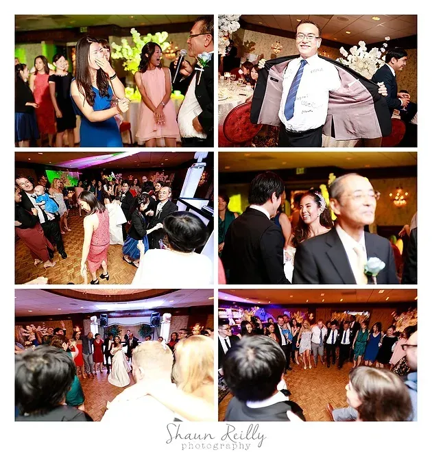 Collage of lively dance floor scenes at a wedding reception with guests dancing under warm lights