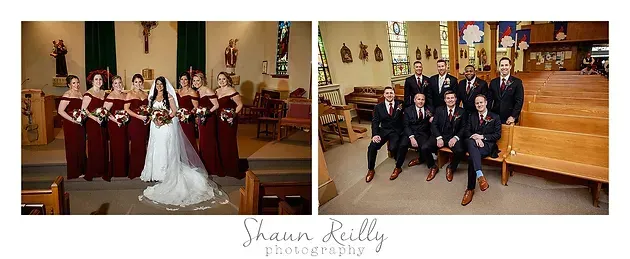 Wedding party group photos in a church, with bride in white and bridesmaids in burgundy