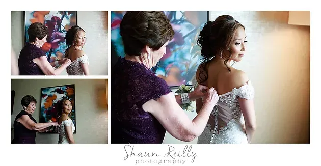 Collage of a woman being helped into a white off-shoulder dress before a window, with two smaller prep shots