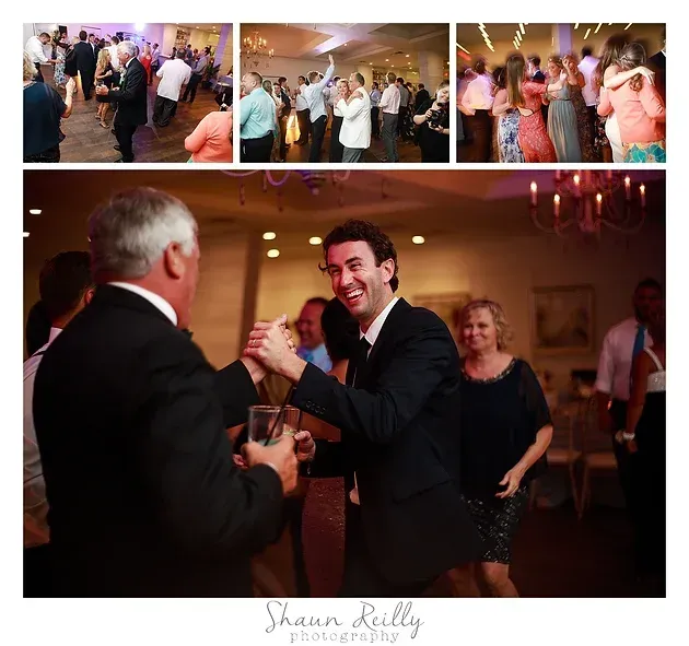 Guests dancing at a warmly lit indoor wedding reception collage