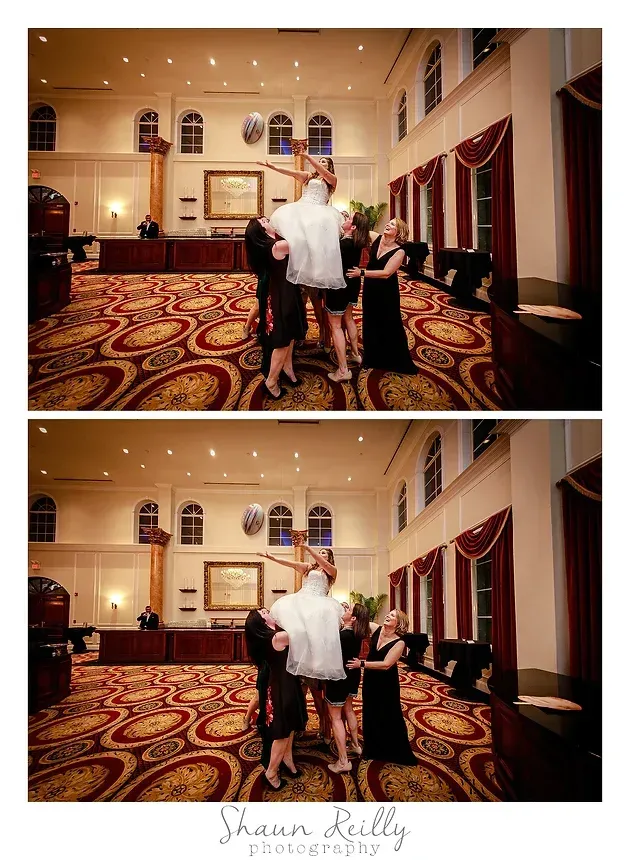 Two wedding photos in a banquet hall with patterned carpet and warm lighting