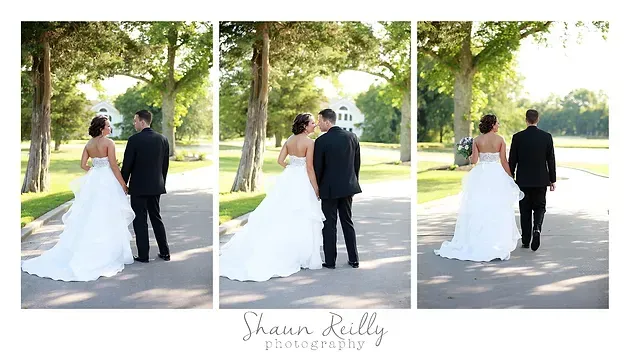 Bride and groom walking hand in hand through a sunlit park, shown in three photo panels.