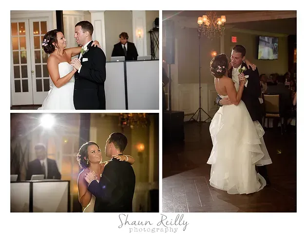 Bride and groom dancing at wedding reception in a collage of three photos