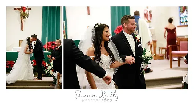 Wedding couple walking down church aisle, bride in white and groom in black, smiling during ceremony