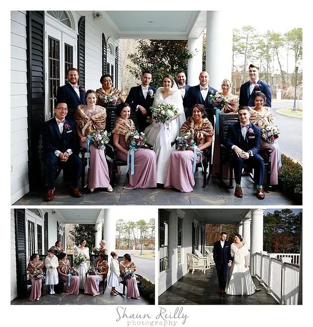 Wedding party posing on a porch, with bride and groom centered and bridesmaids in pink dresses