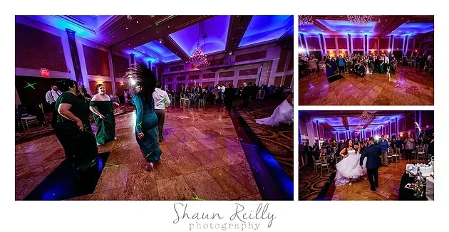 Women dancing in a purple-lit ballroom with guests seated around the dance floor