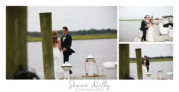Wedding couple by a white lakeside arch, with small inset photos of their outdoor ceremony.