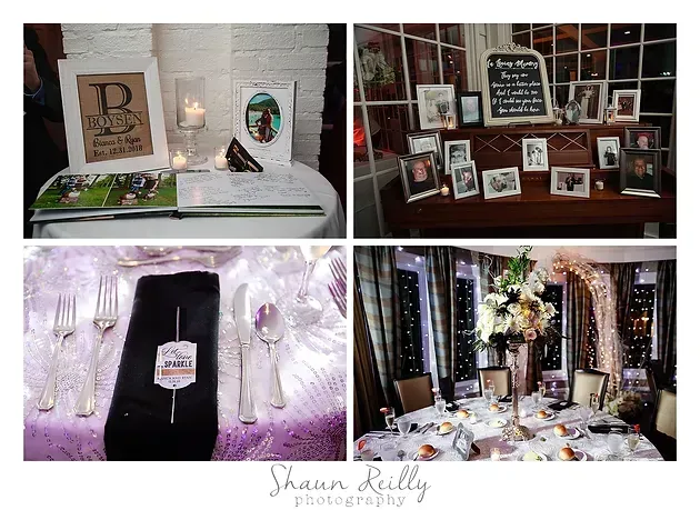 Wedding decor collage with elegant white, black, and gold tables and framed photo displays