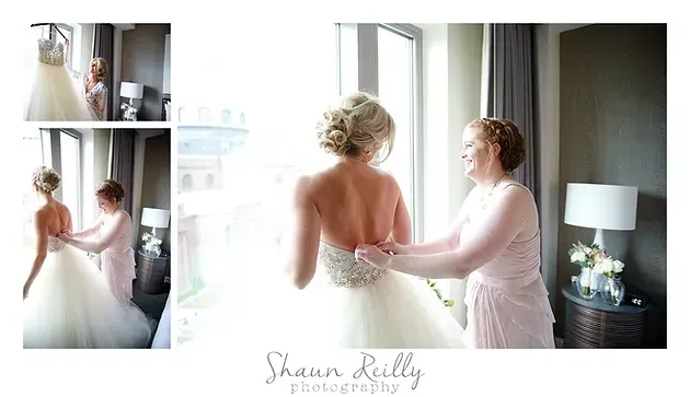 Bride being helped into a white gown in a bright dressing room, with a close-up of the dress and bouquet.