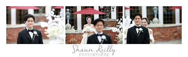 Three-panel wedding portrait collage of a groom in a black suit and red umbrella background, with name text below