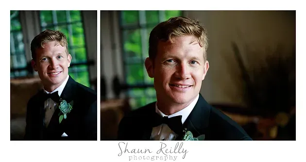 Man in a black suit and white boutonniere posing indoors, shown in two portrait views.