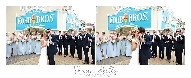 Wedding party posing outside a Bros. venue with the bride and groom in front