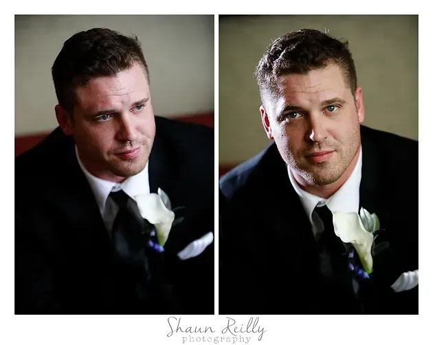 Side-by-side portraits of a groom in a black suit and white boutonniere, looking thoughtful and facing forward.