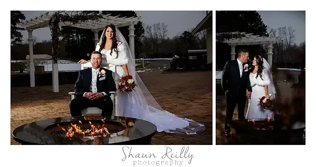 Bride and groom pose by a fire pit at dusk in a collage of wedding photos