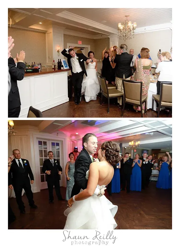 Wedding reception with bride and groom dancing as guests applaud in a bright banquet hall