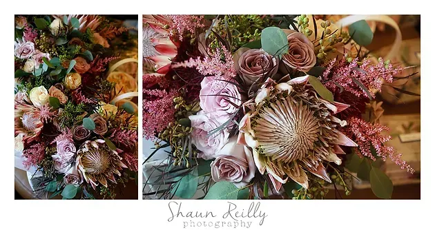 Two floral arrangements with pink, white, and green dried flowers on a white background.