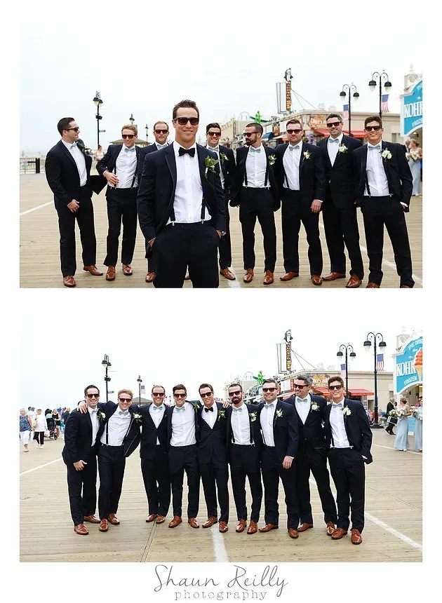 Two group photos of men in black suits and sunglasses posing on a boardwalk outdoors.