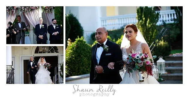 Wedding collage of a bride and groom posing indoors and outdoors with bouquets and formal attire