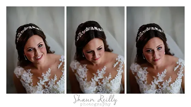 Three bridal portraits of a woman in a white lace dress, wearing a jeweled headband and smiling softly.