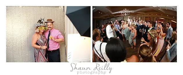 Wedding collage: a smiling couple poses, and guests celebrate together on the dance floor.