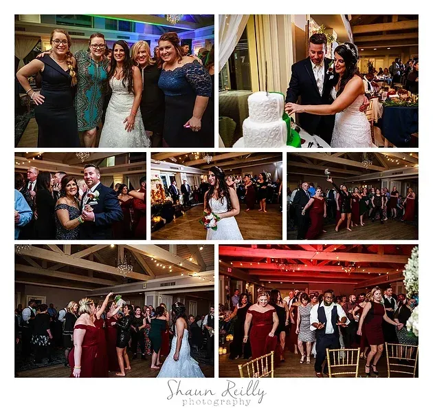 Wedding reception collage with bride, groom, guests, cake, and dancing under warm indoor lights