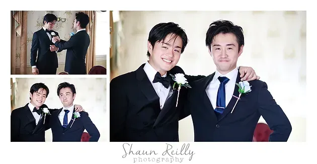 Two men in suits smiling in a wedding photo collage, one wearing a boutonniere