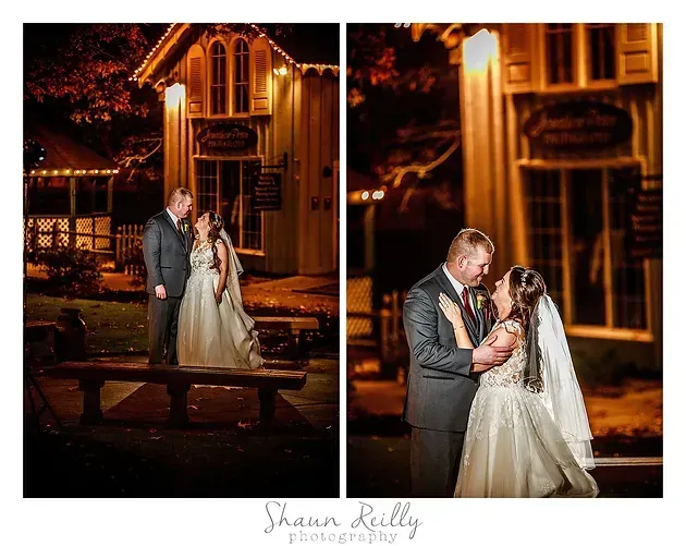 Bride and groom kiss at night beside a warmly lit building, with two wedding portraits shown side by side.