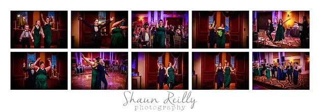 Collage of nine colorful stage performance photos with performers under purple and warm lights