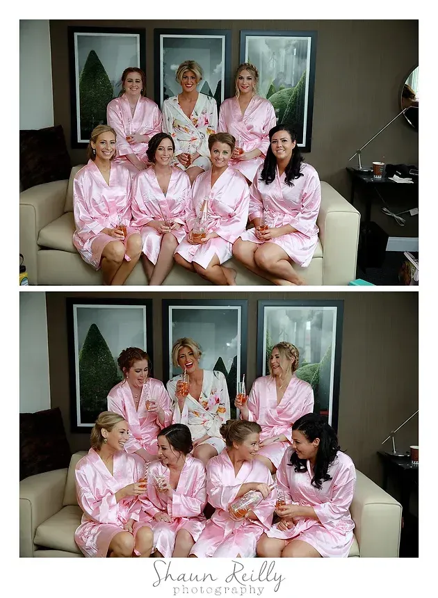 Two group photos of women in matching pink robes posing in a living room