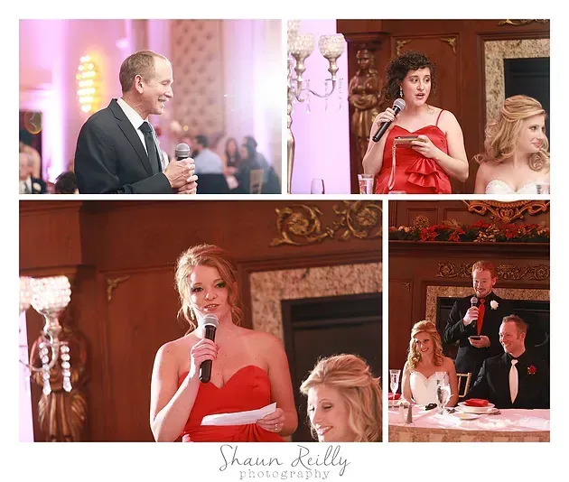 Guests speaking at an elegant indoor gala, with women in red dresses holding microphones.