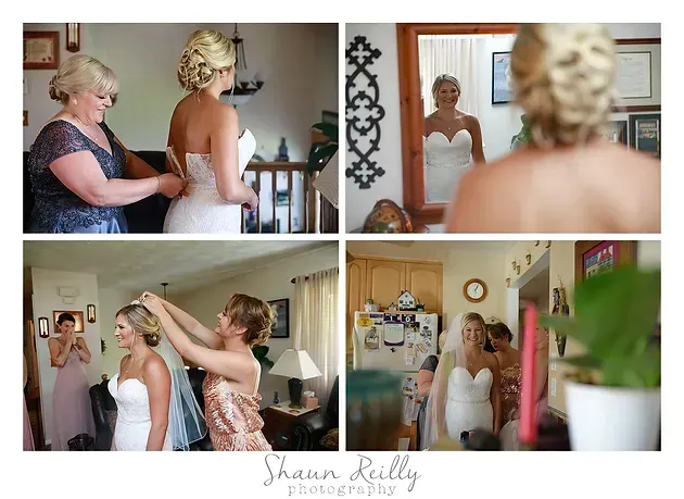 Bride getting dressed and styled in a collage of wedding preparation moments