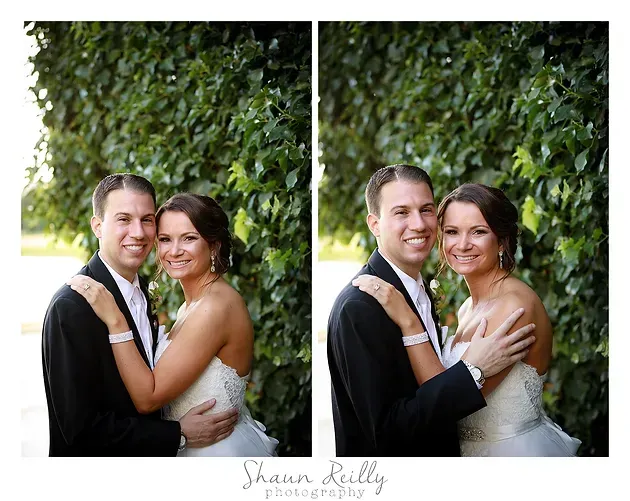 Couple posing in wedding attire under leafy trees, shown in two side-by-side portraits.