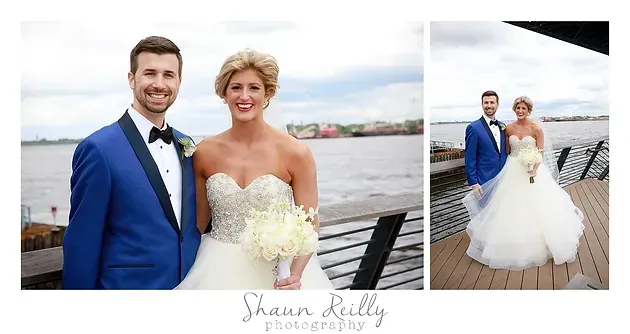 Bride and groom posing by the water; bride in white gown holding bouquet, groom in blue suit, with inset portrait.