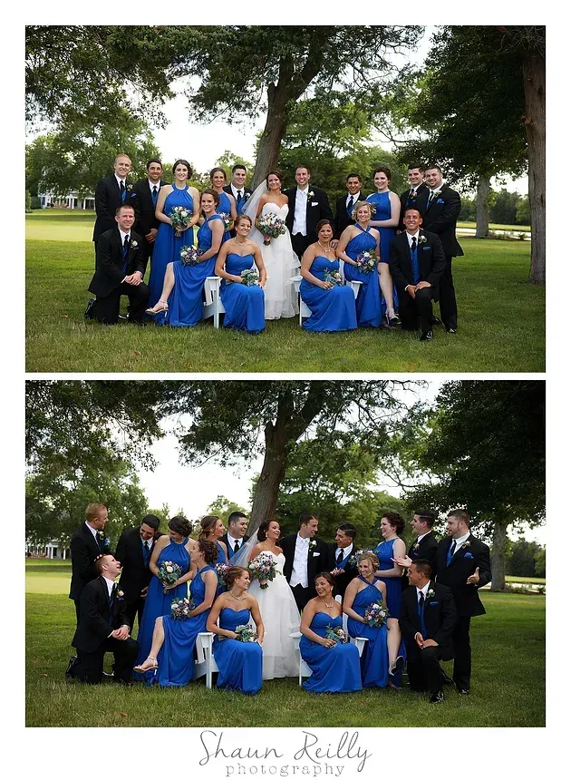Two group portraits of a wedding party in blue dresses and dark suits outdoors under a tree