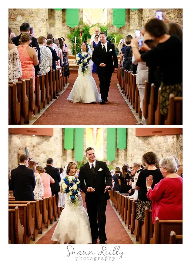 Wedding couple walking down church aisle with guests standing on both sides, bouquet and black tuxedo visible
