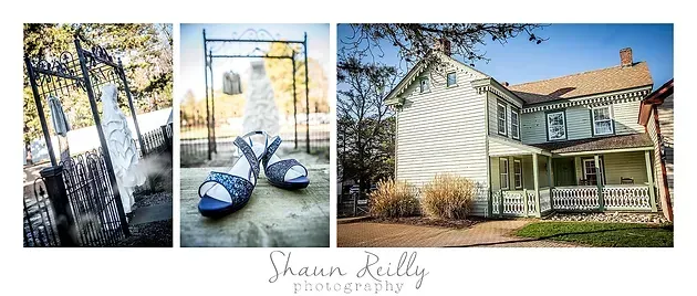Collage of a bright lakeside home exterior, dock swing by water, and a house with porch and upstairs deck