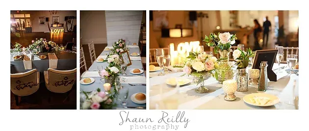Elegant wedding reception tables with white-and-gold floral centerpieces and candlelit decor