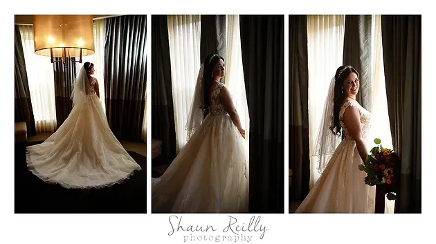 Bridal portrait collage of a woman in a white gown by a window, back and side views with bouquet