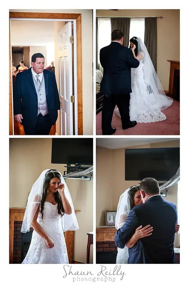 Wedding collage: bride and groom getting ready, kissing, and embracing in a home setting
