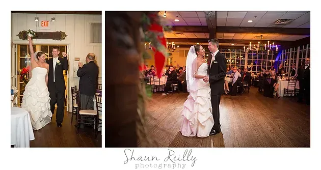 Wedding couple dancing in a decorated reception hall, shown in two side-by-side photos.