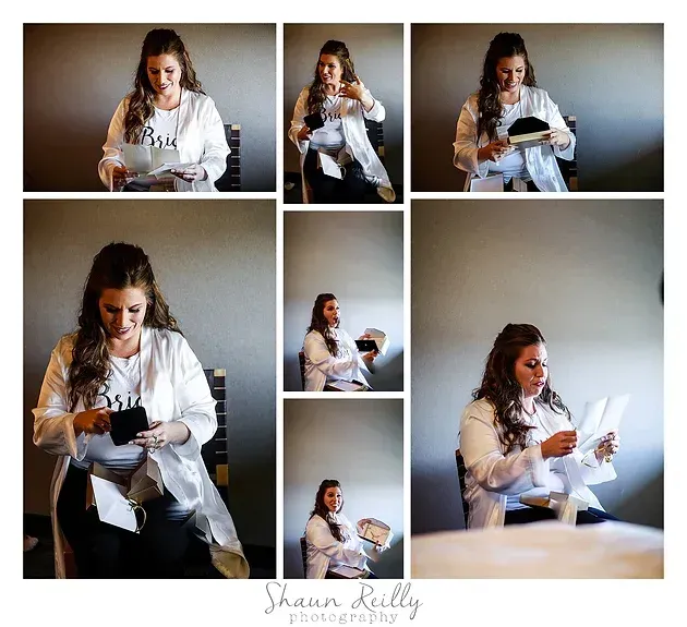Collage of a woman in a white shirt using a camera and laptop in a bright indoor workspace