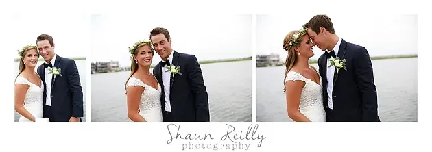 Wedding couple kissing by a waterfront, with three side-by-side portrait photos and a signature below