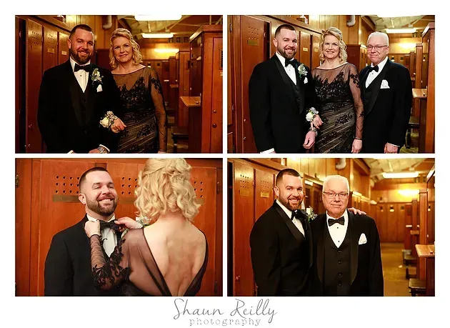 Four formal portraits of smiling people in black-tie attire inside a wood-paneled room