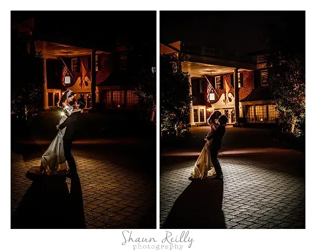 Wedding couple dancing at night in front of a warmly lit building, shown in two side-by-side photos