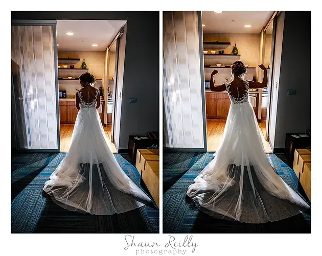Bride in a white gown with long veil, shown from behind in a doorway in two side-by-side photos.