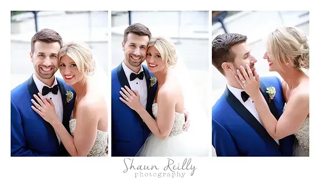 Couple in formal attire posing closely together in a bright studio, with three wedding-style portraits.