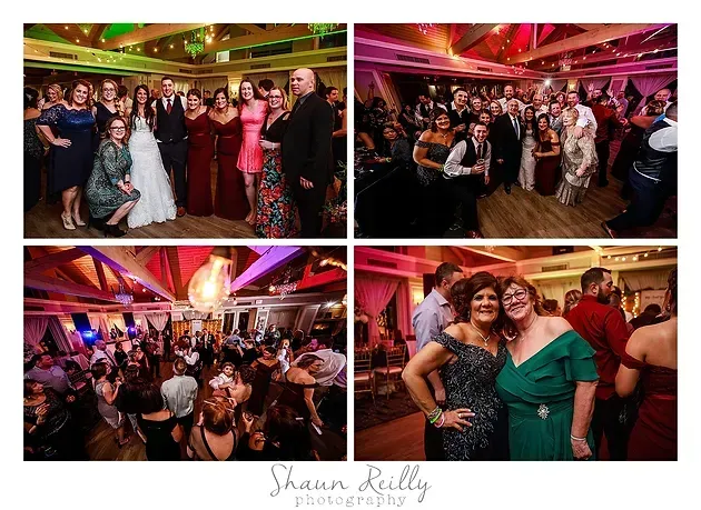 Collage of guests dancing and posing at a lively party under colorful lights